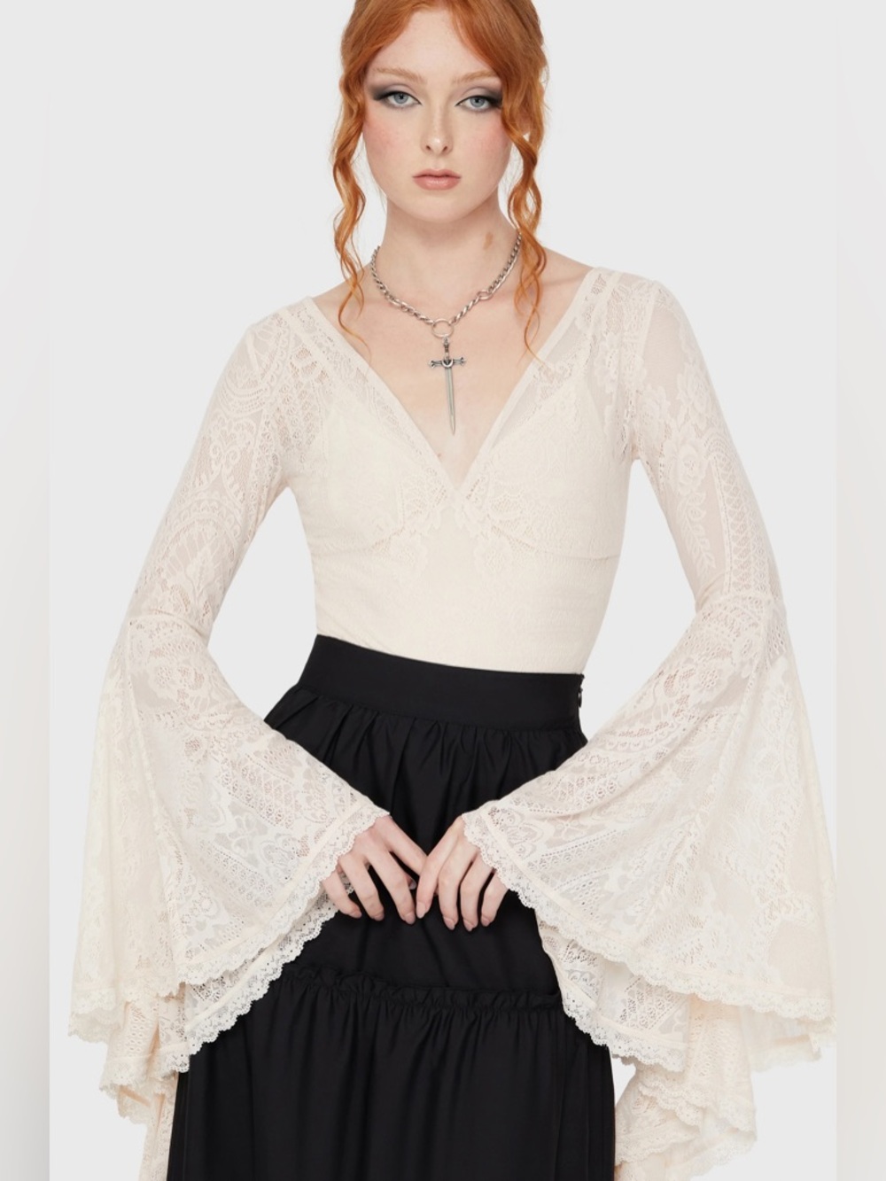 Killstar Ivory Lace Bell-Sleeve V-Neck Bodysuit